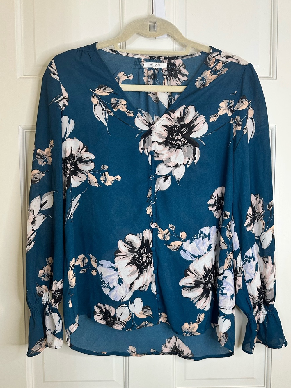 Maurices Teal Floral V-Neck Long Bell Sleeve Blouse